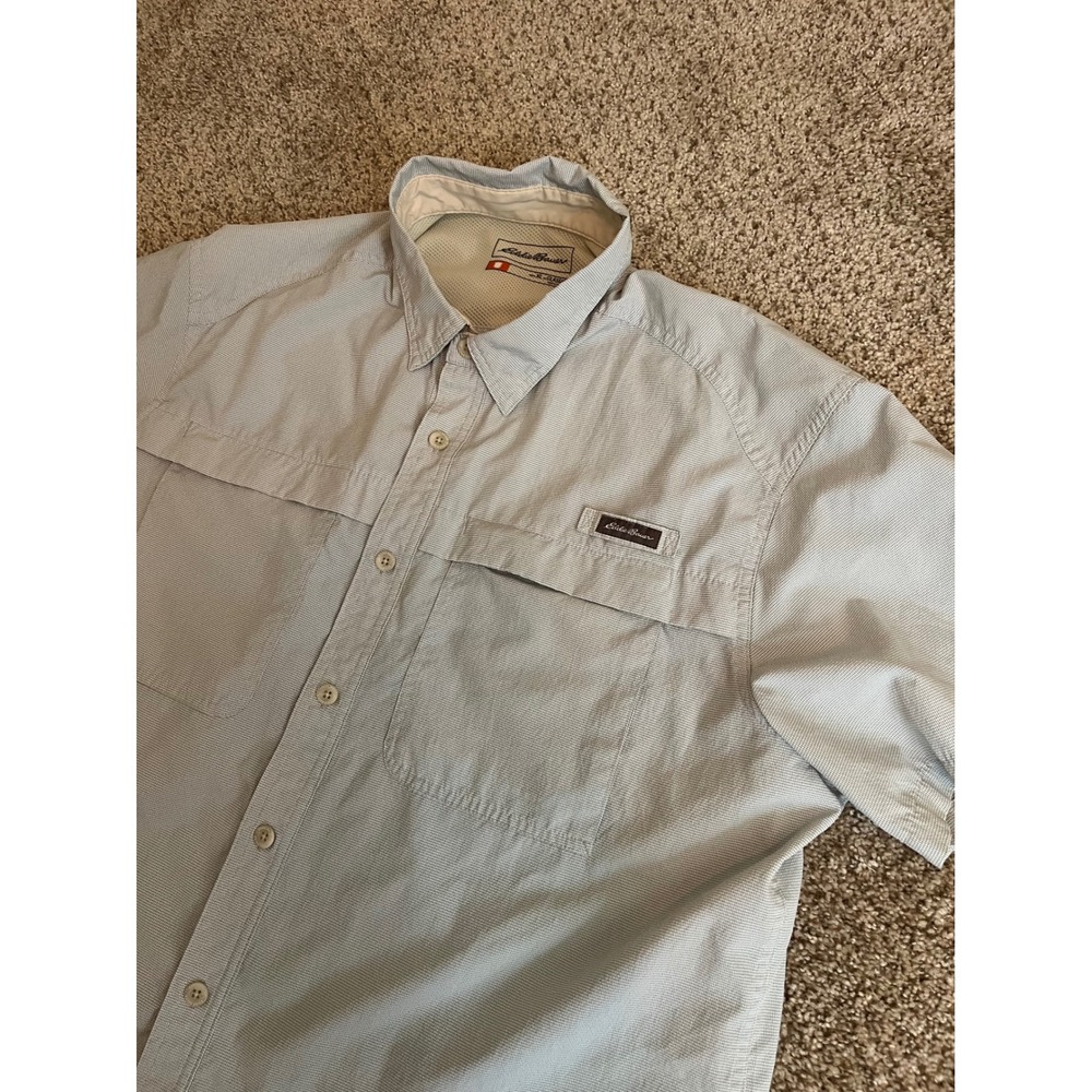 Eddie Bauer Men Button XL Light Blue Short Sleeve Sport Shop Vented Hiking Shirt